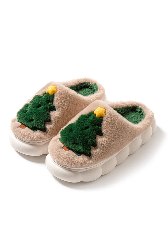 Unisex Slippers, Christmas Plush House Shoes, Outdoor Indoor Closed-Toe Tree Design Slippers