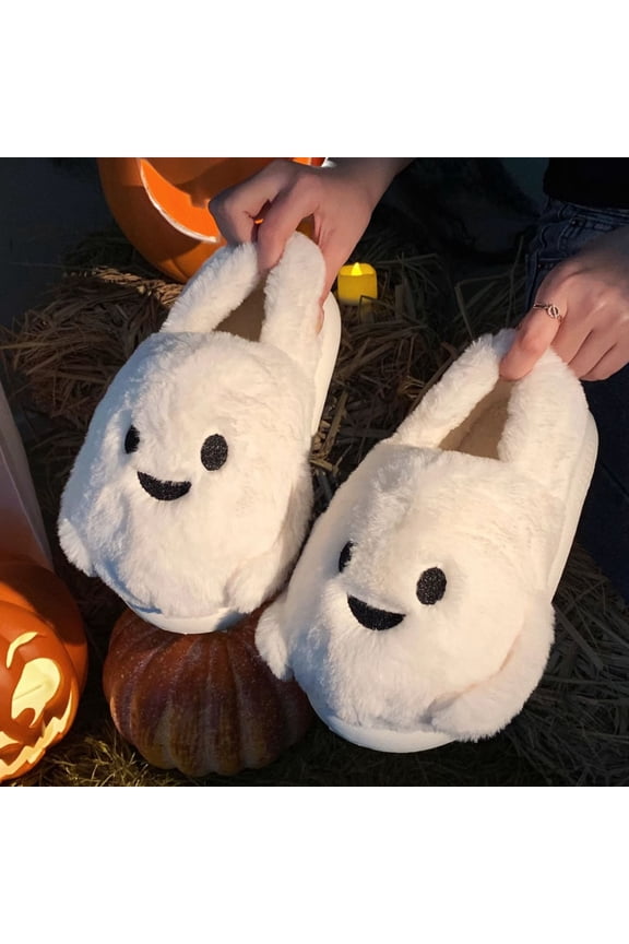 Unisex Slippers, Halloween Plush House Shoes, Little Ghost Full Coverage Non-Slip Slippers