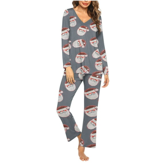 Censtreet V-neck Long Sleeved Pajamas Set for Women,Printed Casual Sleepwear,2 Piece Christmas Snug-Fit Loungewear