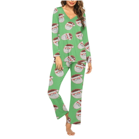 Censtreet V-neck Long Sleeved Pajamas Set for Women,Printed Casual Sleepwear,2 Piece Christmas Snug-Fit Loungewear