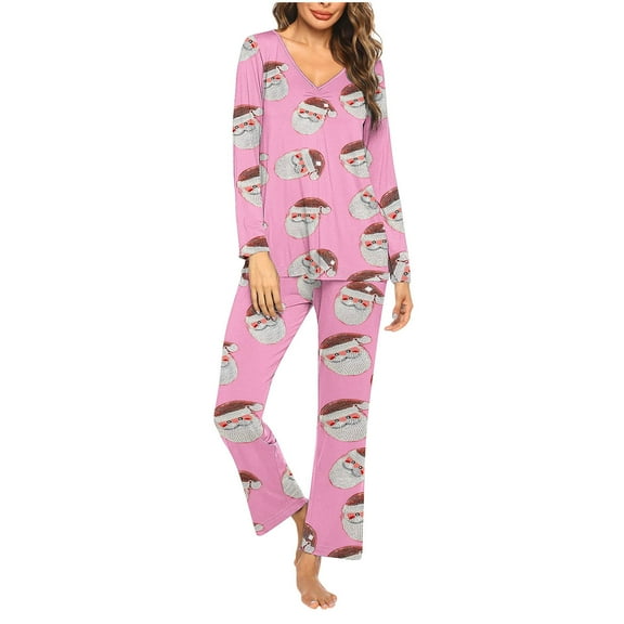 Censtreet V-neck Long Sleeved Pajamas Set for Women,Printed Casual Sleepwear,2 Piece Christmas Snug-Fit Loungewear