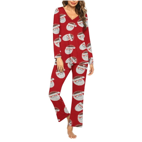 Censtreet V-neck Long Sleeved Pajamas Set for Women,Printed Casual Sleepwear,2 Piece Christmas Snug-Fit Loungewear