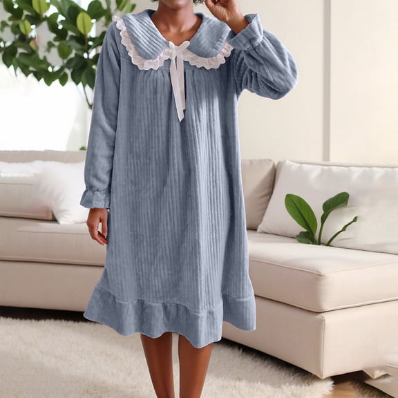 Censtreet Winter Flannel Thick Long Nightgowns for Women House Dress Plus Size Sleepwear Pleated Full Length Loungwear Doll Collar Princess Style