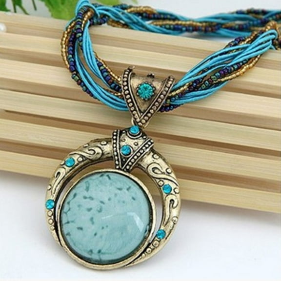 Censtreet Bohemian Necklace for Women Turquoise Jewelry Necklace Statement Beaded Vintage Chunky Chain Pendant for Women Ladies