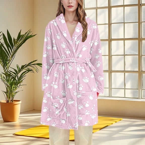 Censtreet Women Fleece Floral Fruit Print Bathrobe Soft Flannel Lounge Robe Cute Fall Robe Lightweight Warm Gown Home Wearing Flannel Pajamas
