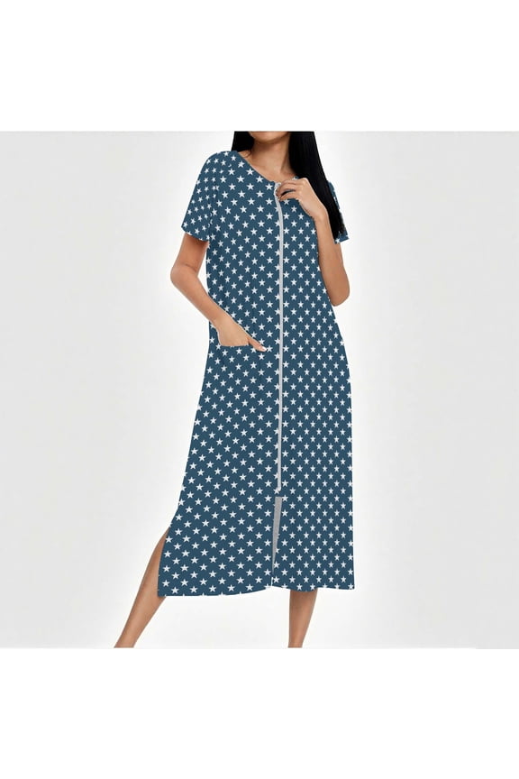 Women Zipper Robe Short Sleeves Loungewear Dress Full Length Sleepwear Pockets Housecoat Nightgown Long Bathrobe S-XXL