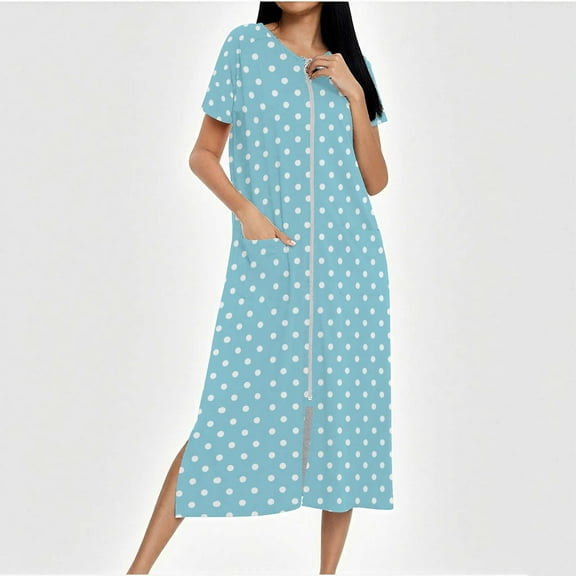 Censtreet Women Zipper Robe Short Sleeves Loungewear Dress Full Length Sleepwear Pockets Housecoat Nightgown Long Bathrobe S-XXL