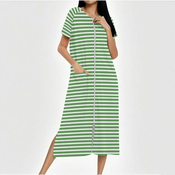 Censtreet Women Zipper Robe Short Sleeves Loungewear Dress Full Length Sleepwear Pockets Housecoat Nightgown Long Bathrobe S-XXL
