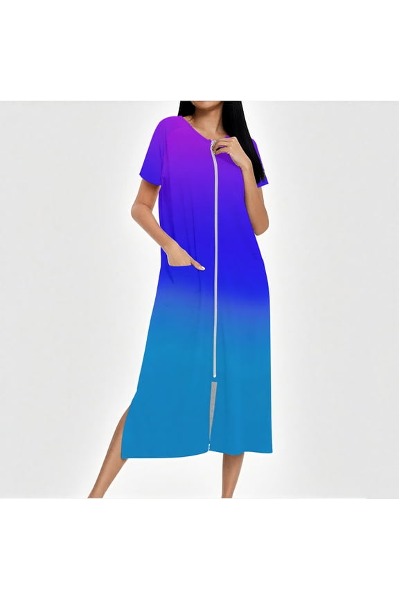 Women Zipper Robe Short Sleeves Loungewear Dress Full Length Sleepwear Pockets Housecoat Nightgown Long Bathrobe S-XXL