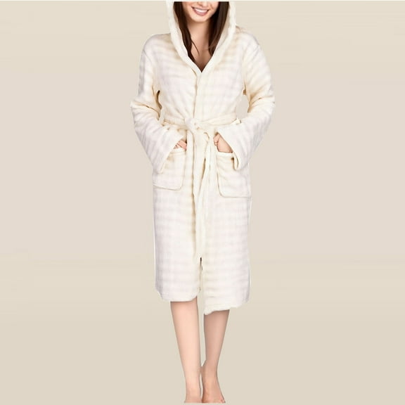 Censtreet Women's Bathrobe, Fleece Hooded Robe, Winter Plush Absorbent Quick-Dry Long House Coat