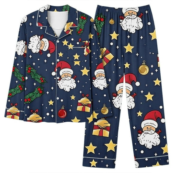Censtreet Women's Christmas Long Sleeved Pajamas Set,Printed Casual Sleepwear with Pockets,2 Piece Lapel Snug-Fit Loungewear