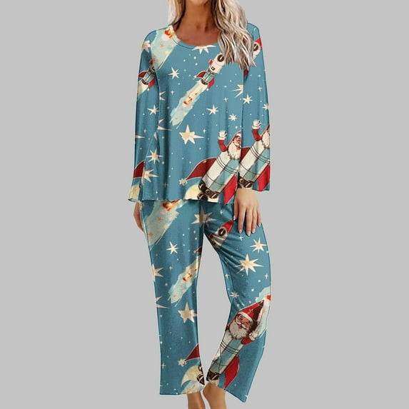 Censtreet Women's Christmas Pajamas Set,Printed Long Sleeve Nightwear Set, Sleepwear Set