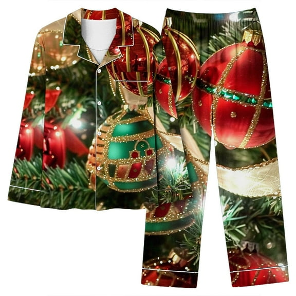 Censtreet Women's Christmas Printed Casual Pajamas Set,Fashion Long Sleeve Long Pants Sleepwear,Lapel Loungewear Outfits