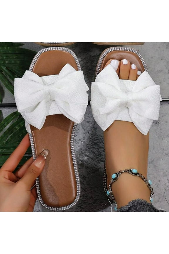 Women's Flat Sandals Fashion Open Toe Slides With Big Bow Slippers for Summer