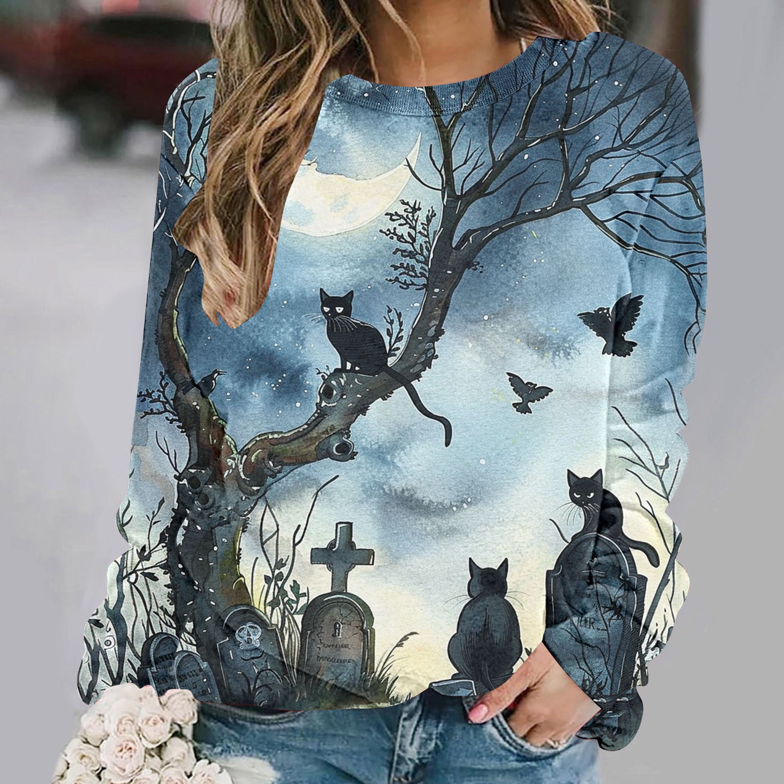 Censtreet Women's Halloween Figure Graphic Print Sweatshirt Round Neck ...