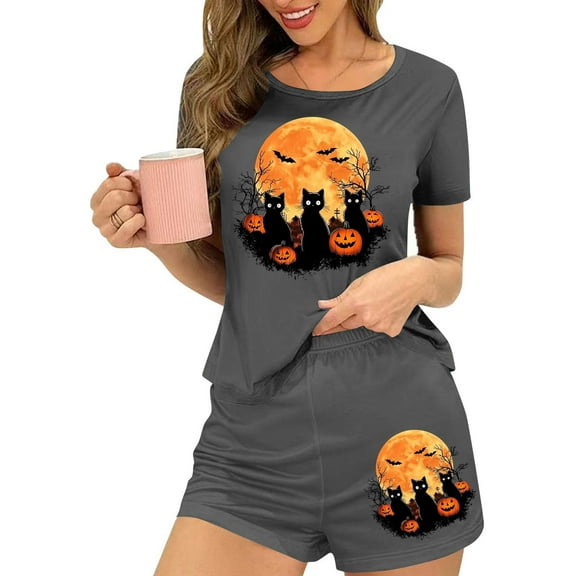 Censtreet Women's Pajama Sets Halloween Short Sleeve Pjs 2 Piece Top and Shorts Sleepwear Comfy Soft Lounge Sets S-XL