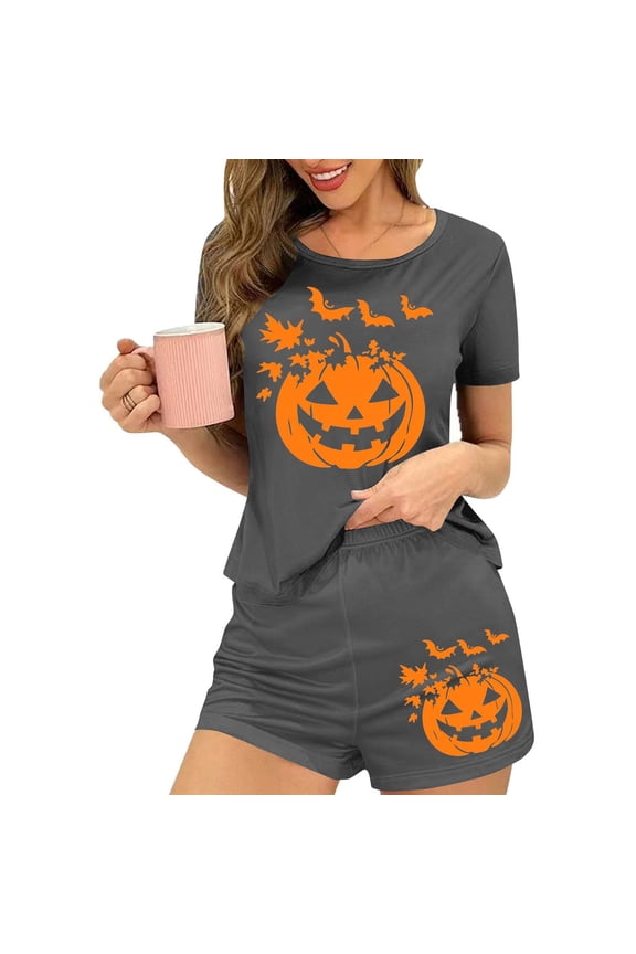 Women's Pajama Sets Halloween Short Sleeve Pjs 2 Piece Top and Shorts Sleepwear Comfy Soft Lounge Sets S-XL