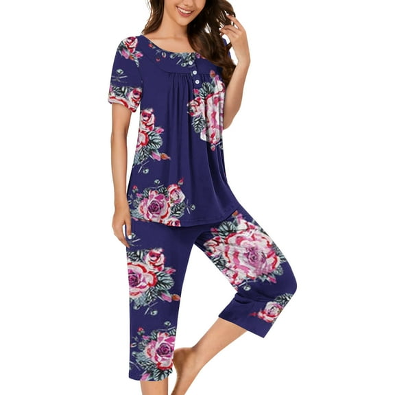 Censtreet Women's Pajama Sets Short Sleeve Sleepwear Round Neck Pj Loungewear Top and Capri Pants with Pockets