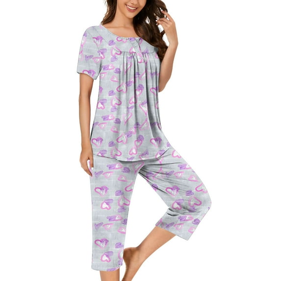 Censtreet Women's Pajama Sets Short Sleeve Sleepwear Round Neck Pj Loungewear Top and Capri Pants with Pockets