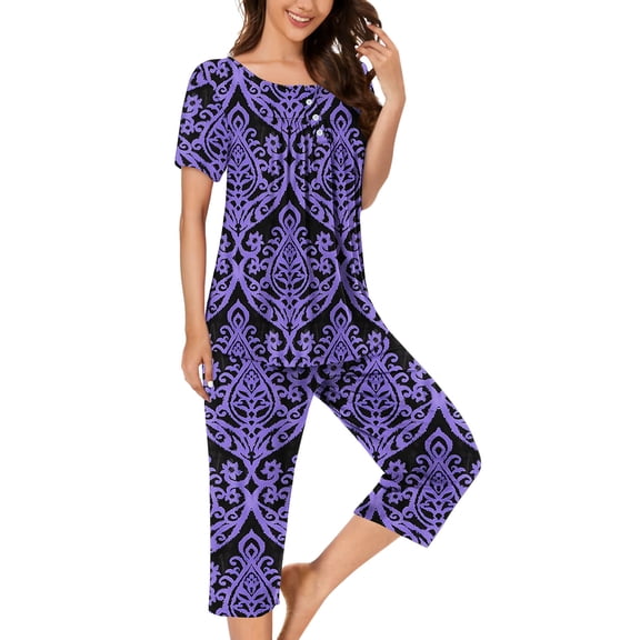 Censtreet Women's Pajama Sets Short Sleeve Sleepwear Round Neck Pj Loungewear Top and Capri Pants with Pockets