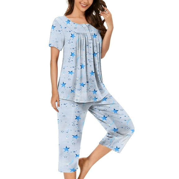 Censtreet Women's Pajama Sets Short Sleeve Sleepwear Round Neck Pj Loungewear Top and Capri Pants with Pockets
