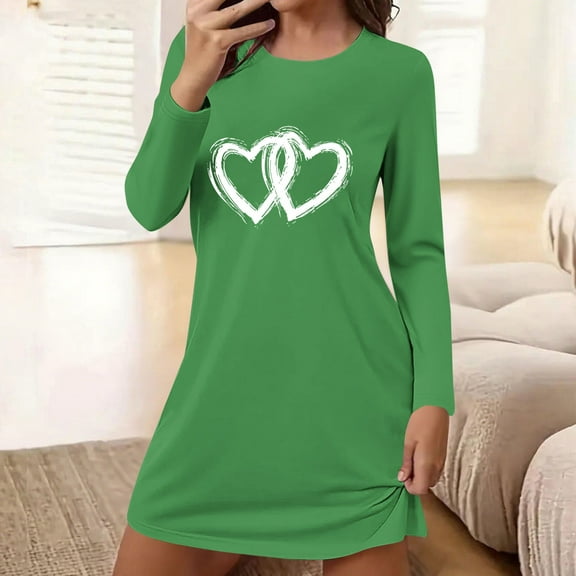 Censtreet Women's Printed Long Sleeved Round Neck Loose And Comfortable Short Nightgown