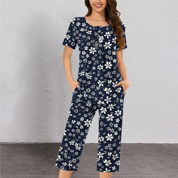 Censtreet Women's Printed Round Neck Pajamas Home Set,Short Sleeve Sleepshirt Pants Sets,Comfort Loungewear Pajamas with Pockets