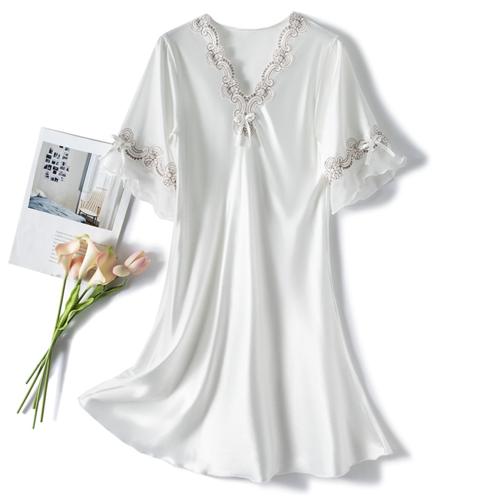 Censtreet Women's Satin Nightgown Sleepwear Lace V Neck Side Slits