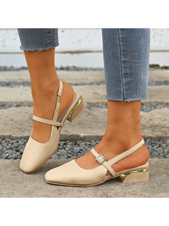Women's Slingback Chunky Low Heels Closed Square Toe Heel Wedding Party Dress Pumps Shoes