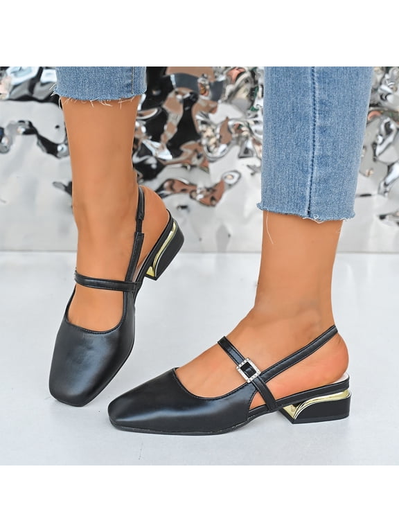 Women's Slingback Chunky Low Heels Closed Square Toe Heel Wedding Party Dress Pumps Shoes