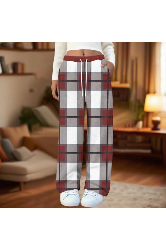 Women's Soft Flannel Fall Winter Pajama Pants Elastic Sleepwear Pocket Lounge Comfy Pajama Pants Plaid Heart Star Stripe