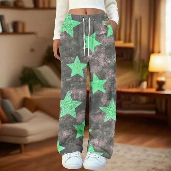 Censtreet Women's Soft Flannel Fall Winter Pajama Pants Elastic Sleepwear Pocket Lounge Comfy Pajama Pants Plaid Heart Star Stripe