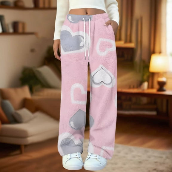 Censtreet Women's Soft Flannel Fall Winter Pajama Pants Elastic Sleepwear Pocket Lounge Comfy Pajama Pants Plaid Heart Star Stripe