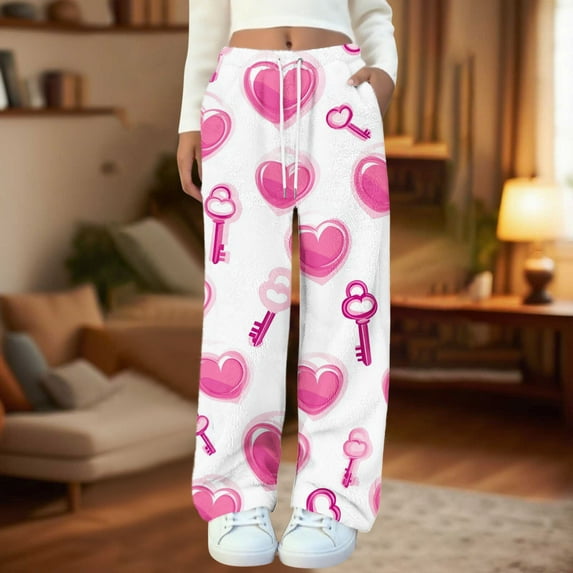 Censtreet Women's Soft Flannel Fall Winter Pajama Pants Elastic Sleepwear Pocket Lounge Comfy Pajama Pants Plaid Heart Star Stripe