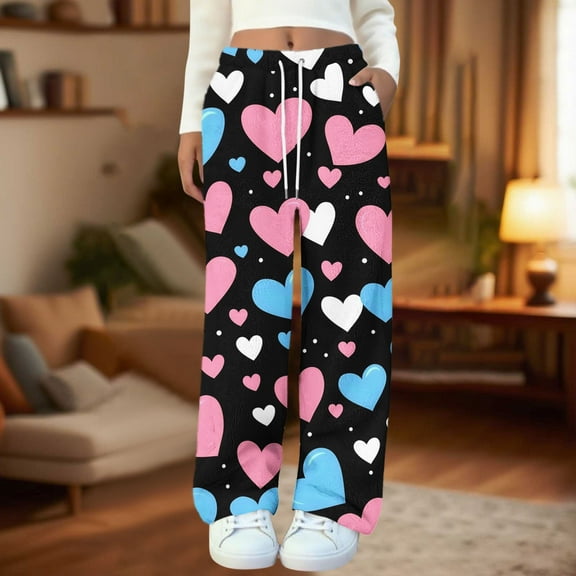 Censtreet Women's Soft Flannel Fall Winter Pajama Pants Elastic Sleepwear Pocket Lounge Comfy Pajama Pants Plaid Heart Star Stripe