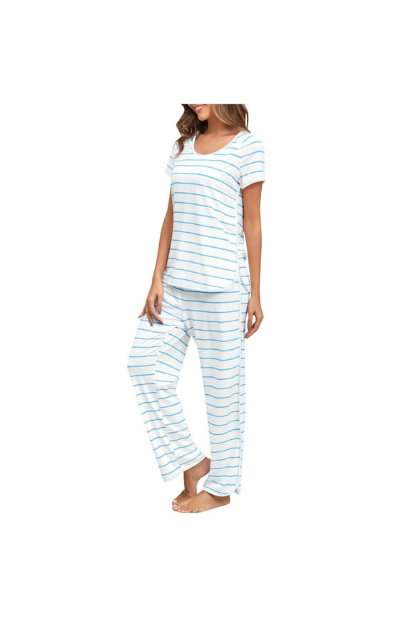 Women's Striped Pajamas Suit for Women,Soft Two-Piece Short-Sleeved Sleepwear,Side-Slit Casual Nightwear Pjs Suit