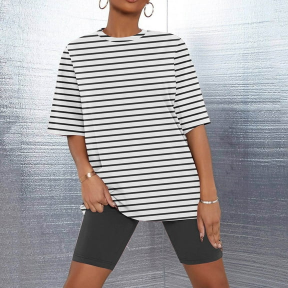 Censtreet Women's Striped Round Neck Summer Pajamas Set,Short-Sleeved Tops Shorts Sleepwear Set,Comfortable Summer Home Clothes