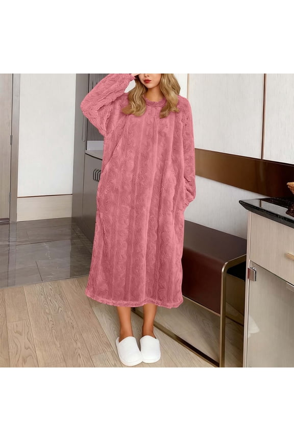 Women's Winter Nightgown, Plush Fleece Long Sleep Dress, Thick Warm Nightwear