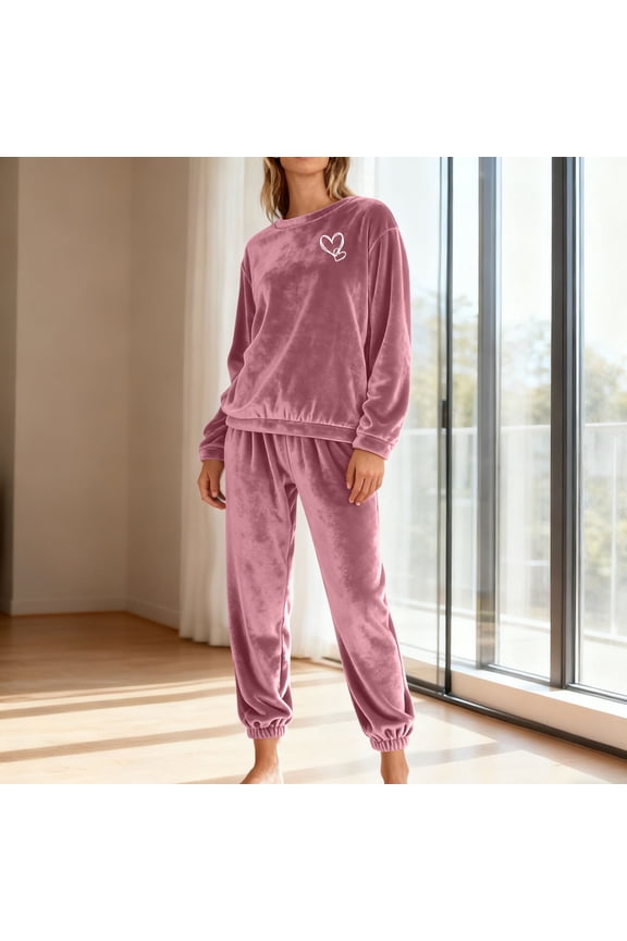 Women's Winter Pajama Set, 2 Piece Flannel Print Pajamas, Long Sleeve Round Neck Top and Elastic Waist Pants