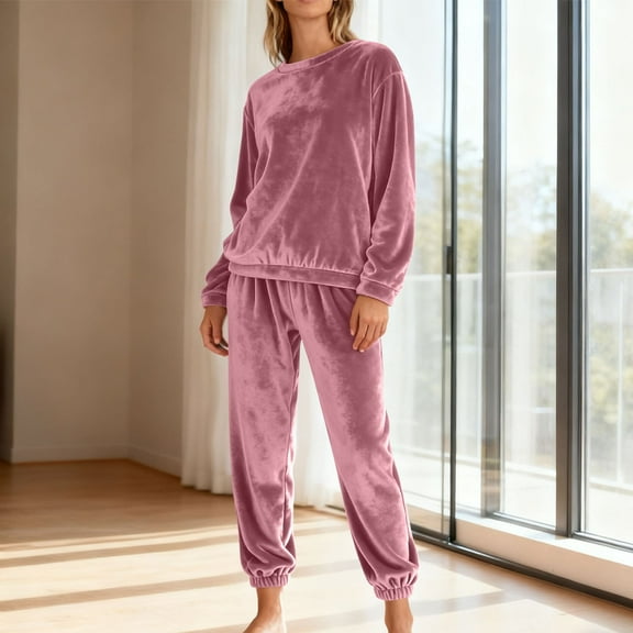 Censtreet Women's Winter Pajama Set, Flannel Basic Pajamas, Long Sleeve Round Neck Top and Elastic Waist Pants