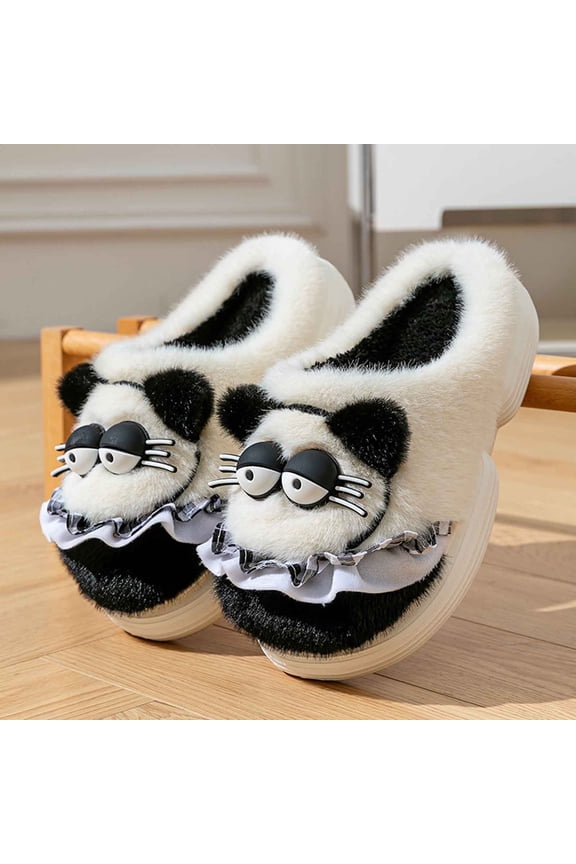 Women's Winter Slippers, Plush Indoor Outdoor House Shoes, Cute Cartoon Cat Design with Non-Slip Sole