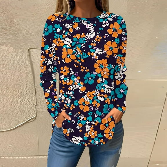 Censtreet Womens Long Sleeve Tops Casual Shirts for Women Summer Flower Printed T Shirt Crewneck Floral Tee