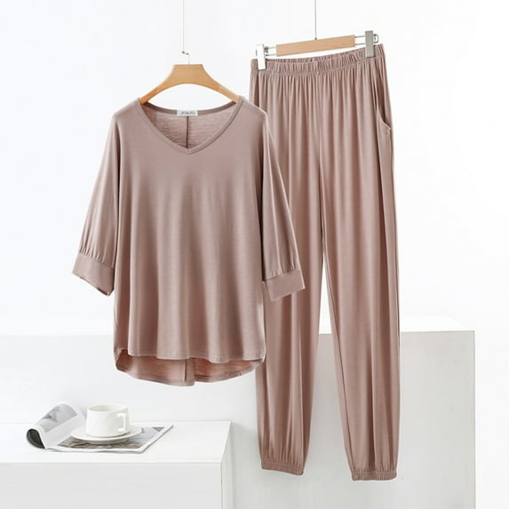 Censtreet Womens Pajama Sets Soft Modal Pj Short Sleeve Top with Pants Sleepwear 2 Piece Loungewear,M-2XL
