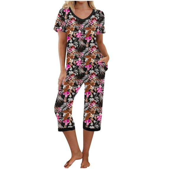 Censtreet Womens Pajamas Short Sleeve Sleepwear Tops and Capri Pants Pjs Print Pajama Sets
