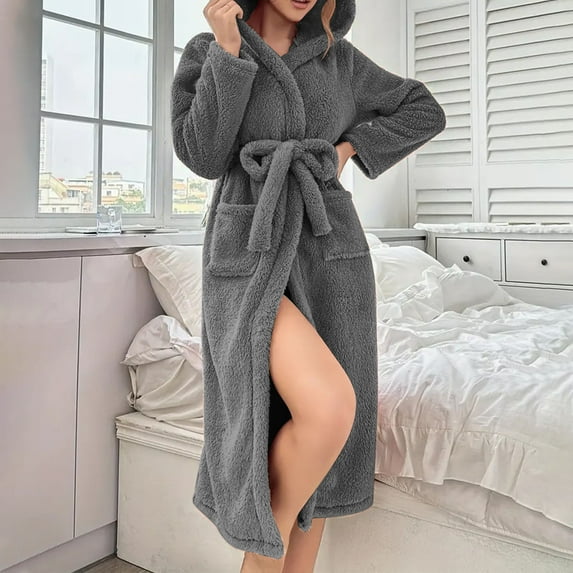 Censtreet Womens Robes Plush Fleece Hooded Bathrobe Thick Nightgown with Pockets Fluffy Sleepwear