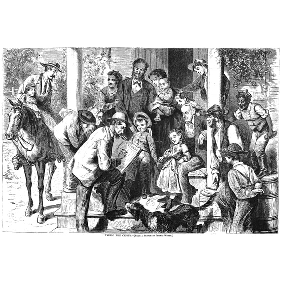 Census-Taker 1870. Ntaking The Census In A Small American Town In 1870. Wood Engraving From A Contemporary American
