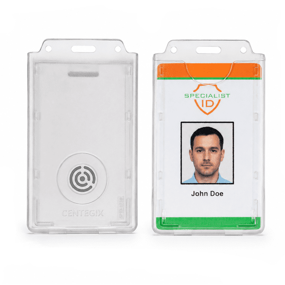 Centegix Badge Holder with Hole for Teachers - Holds 1 School ID & 1 Centegix V2 CrisisAlert Alarm Badge - Heavy Duty Polycarbonate Clear Vertical Display, Recessed Hole by Specialist ID