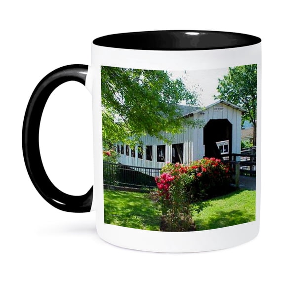3dRose, Centennial Covered Bridge in Cottage Grove, Oregon, 15oz Two-Tone Black Mug