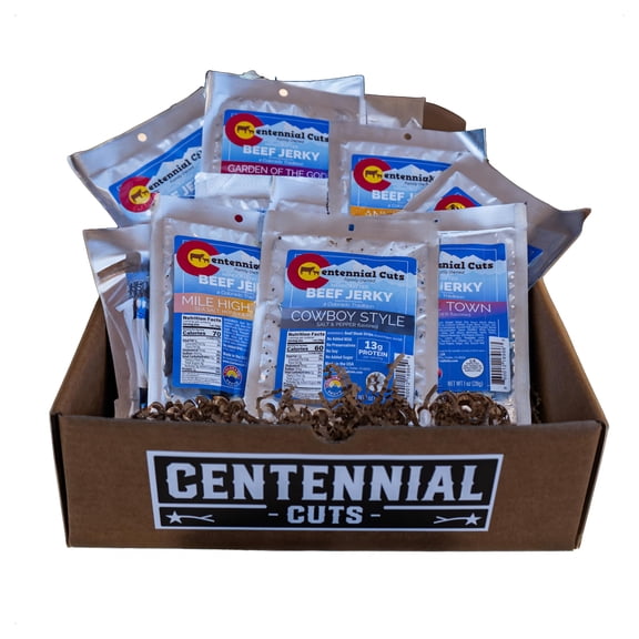 Centennial Cuts Beef Jerky Sampler Gift Box  10 Flavor Variety Pack, 10 x 1 oz Individual Packs, High Protein Snack