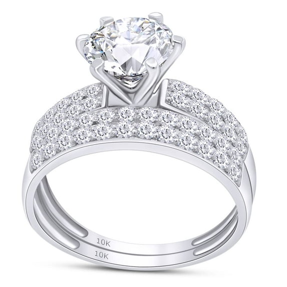 Center 7MM Round Cut Lab Created Moissanite Diamond Solitaire Engagement Wedding Bridal Ring Set In 10K White Gold(G-H Color,VVS1 Clarity,1.75 Cttw)-7